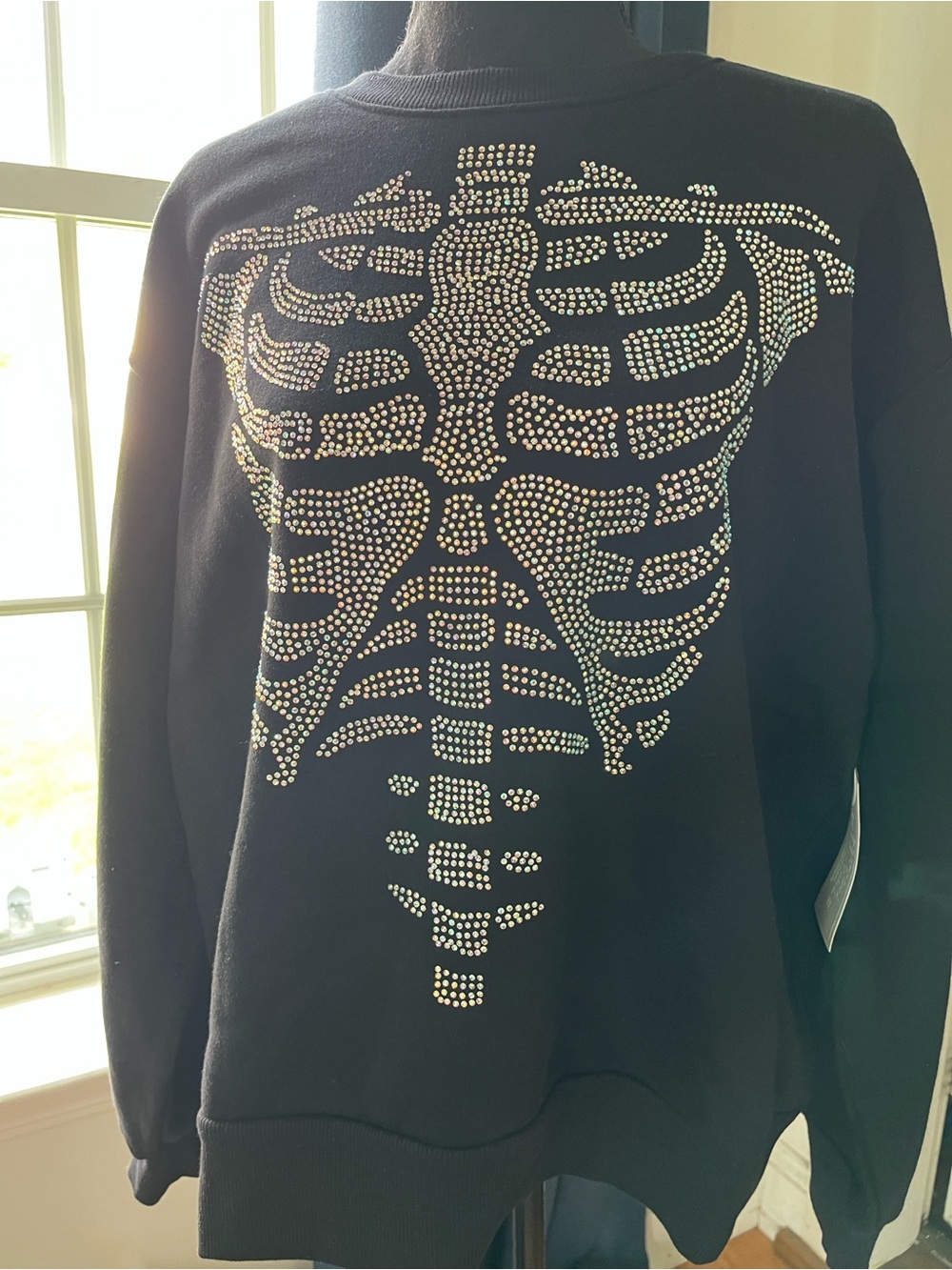 Black women’s Sweatshirt with Rhinestone Skeleton Design